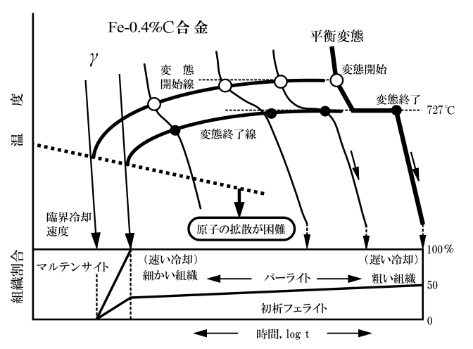 冷却時間と現れる相の関係を表した連続冷却変態曲線